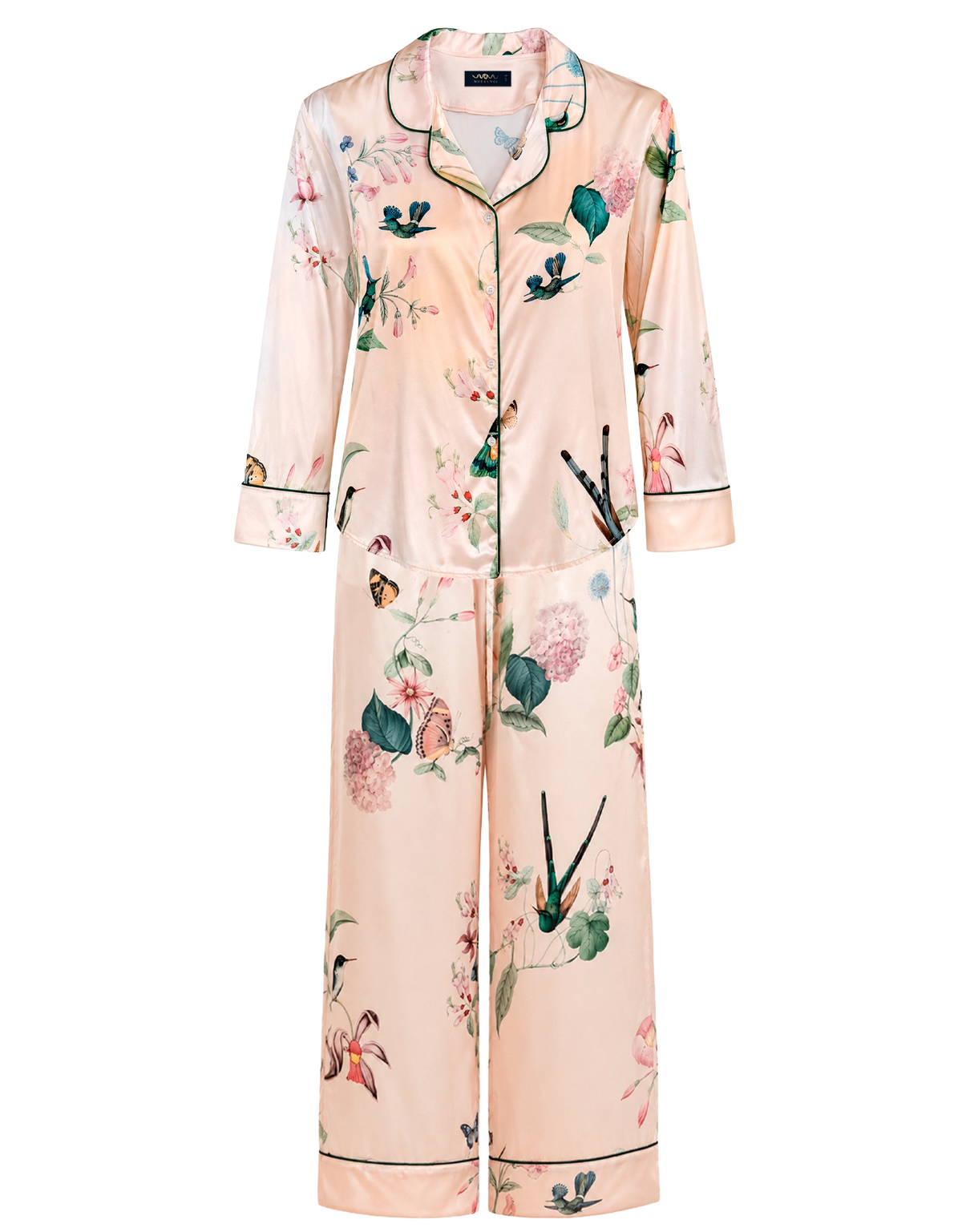 Long pajama set - Ivory Hummingbirds