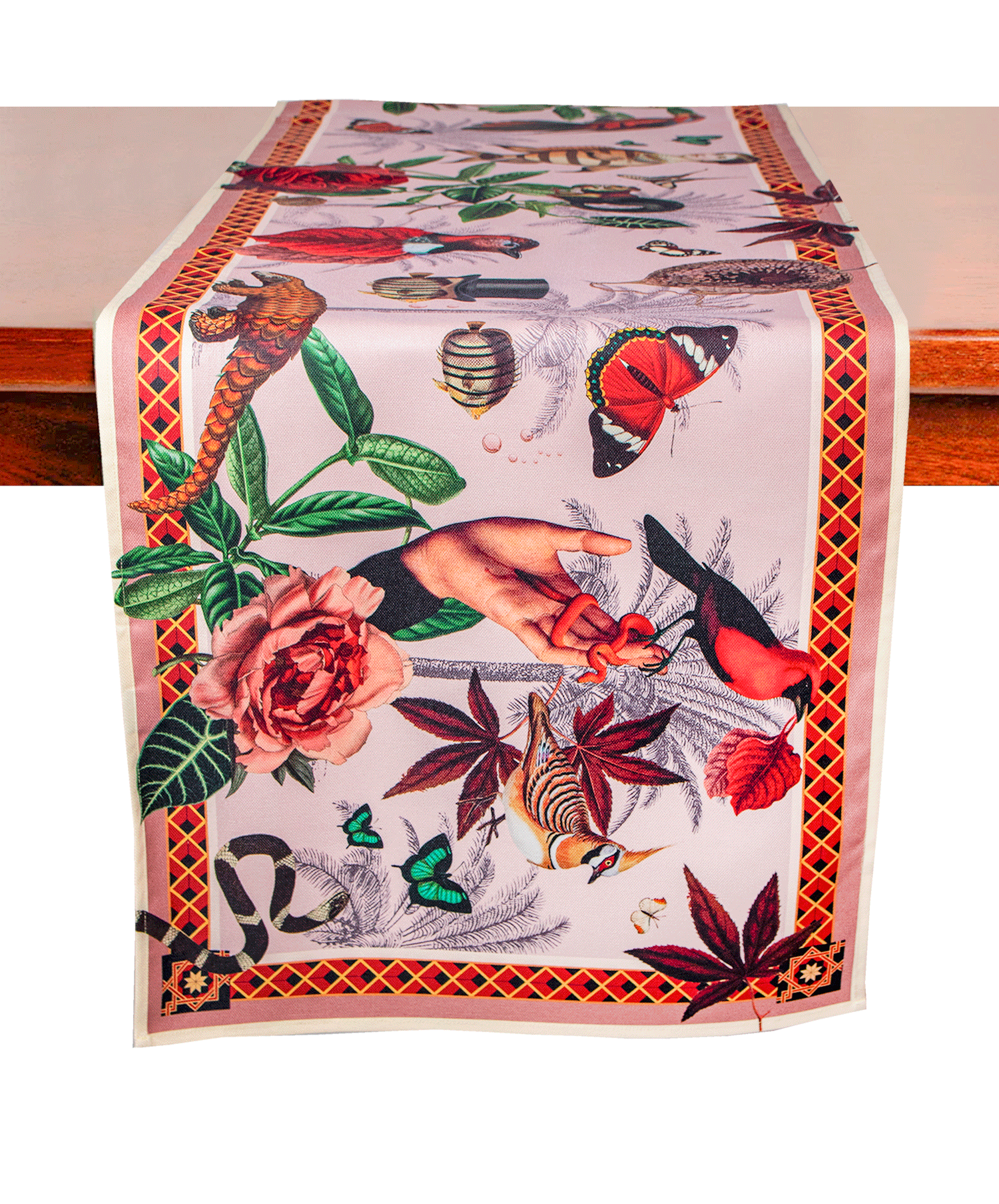 Seasonal table runner with autumn leaf pattern, color red