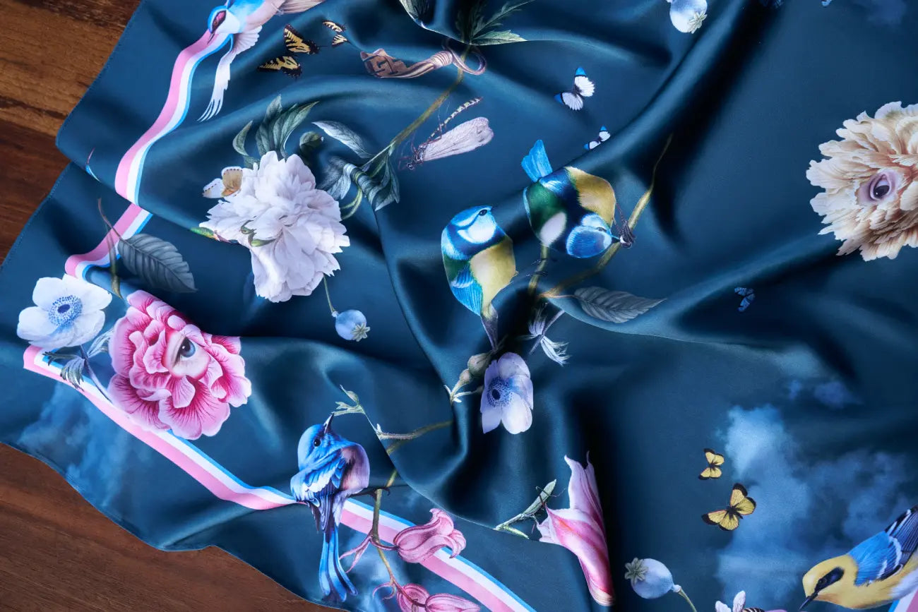 Wearable art: vibrant prints on silk satin polyester fabric, perfect for everyday style