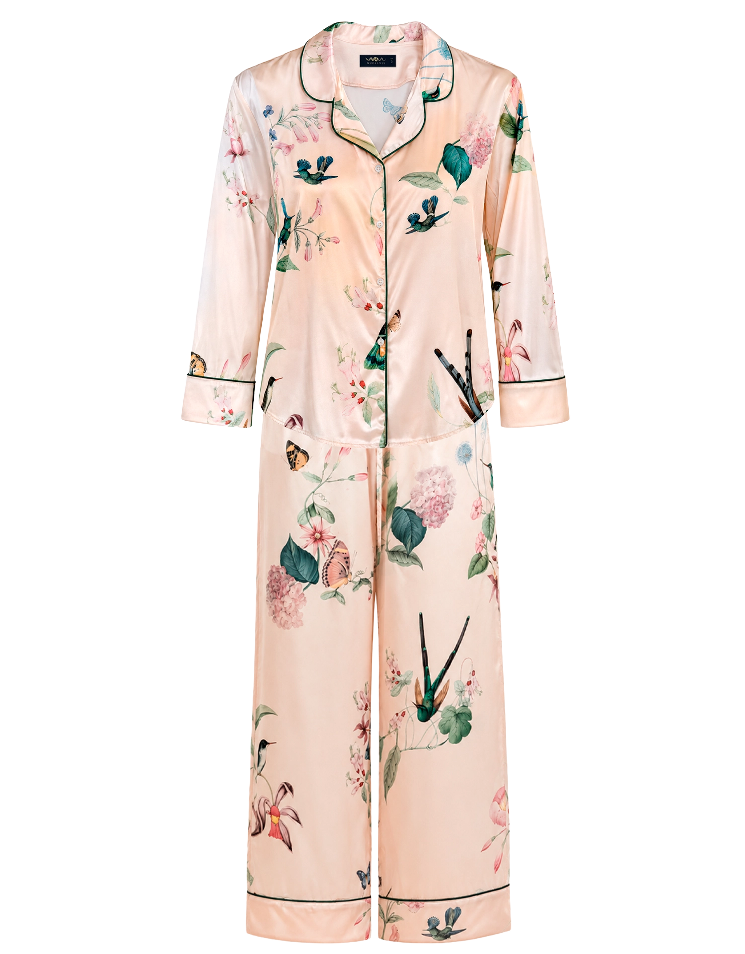 Long pajama set - Ivory Hummingbirds