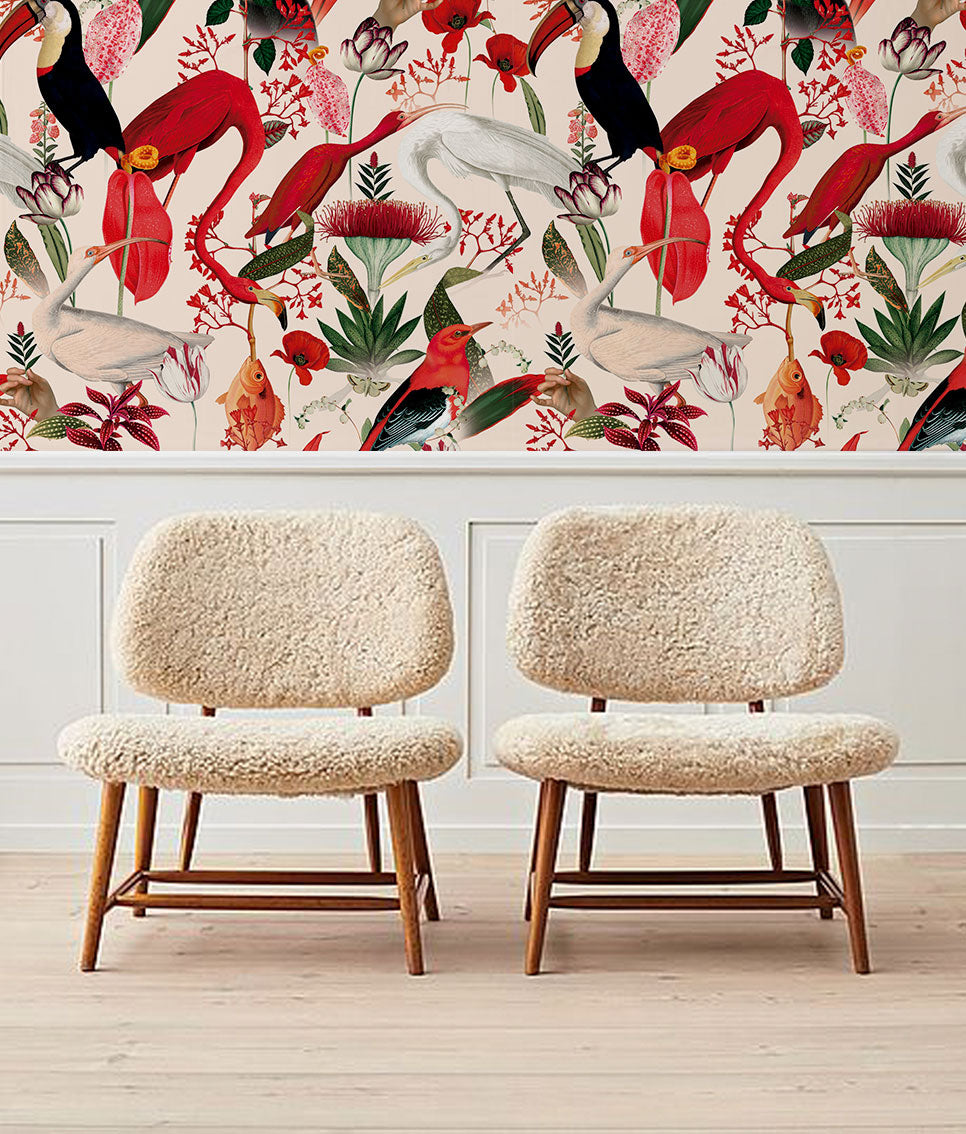 Red Jungle Ivory Wall Fabric
